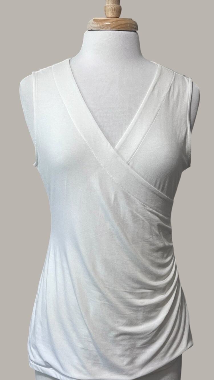 Soft Surroundings White V Neck Faux Wrap Top Sleeveless Sz M Career Casual
